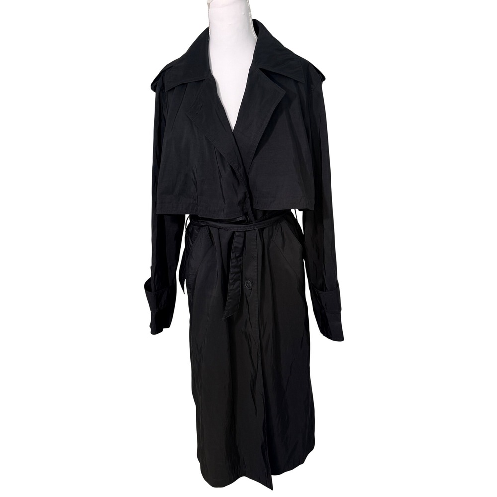 Worthington Trench Coat Women 8P Black Double Breasted Belted Storm Flap Petite